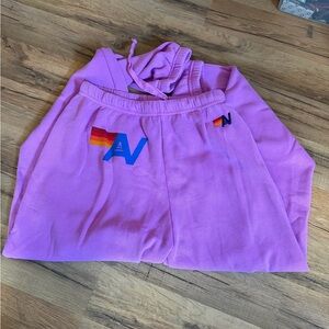 Aviator Nation Pink Lavender Track Joggers with Rainbow Logo